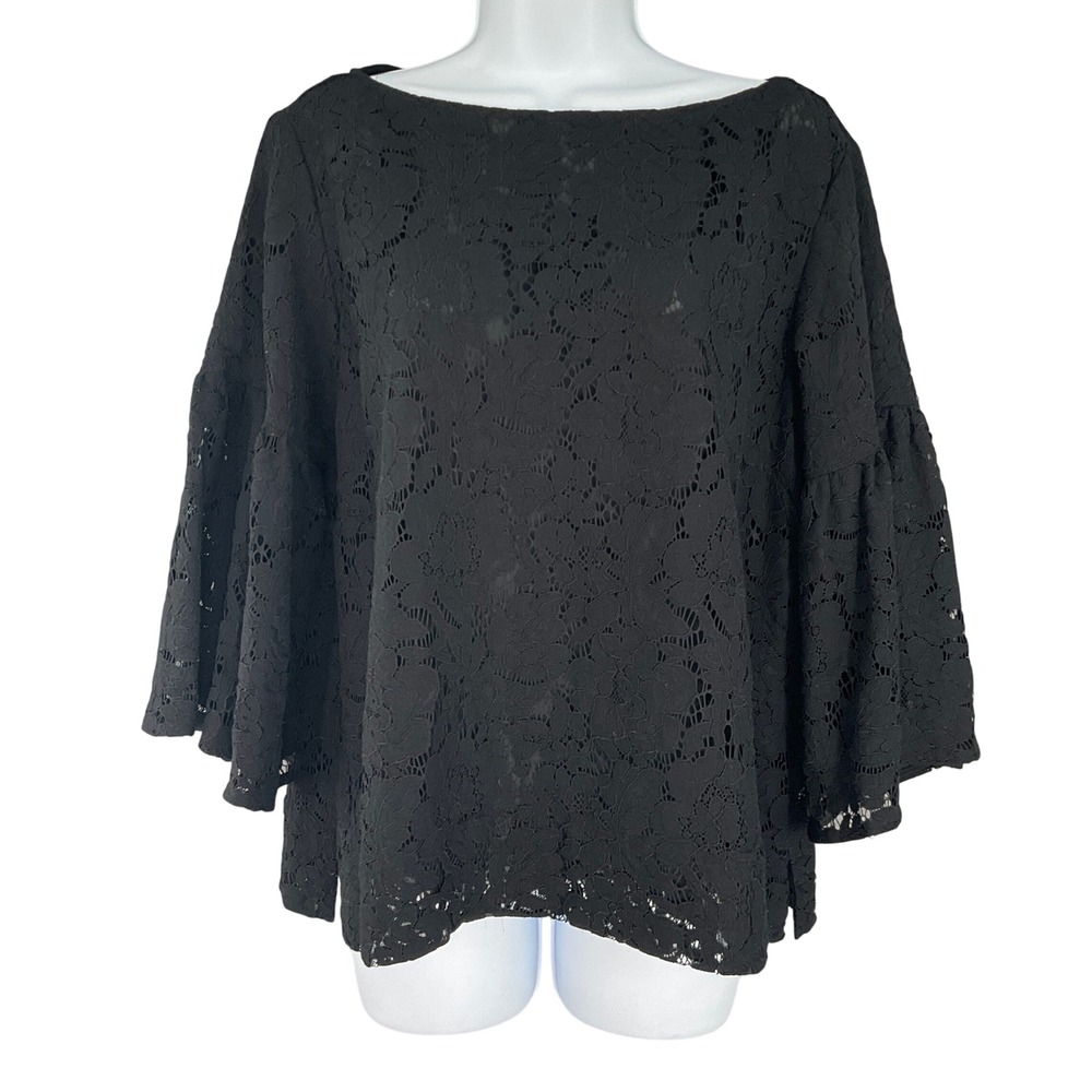 Lauren Ralph Lauren Top Womens Sz M Black Lace Bell Sleeve Boat Neck Romantic
